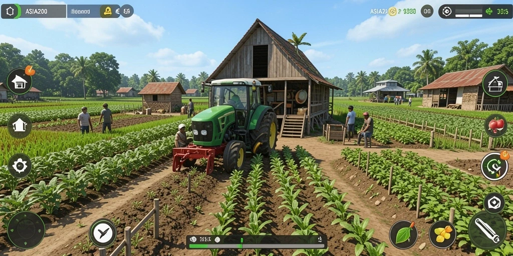 Screenshot gameplay ASIA200 menunjukkan ladang subur dan beragam tanaman.