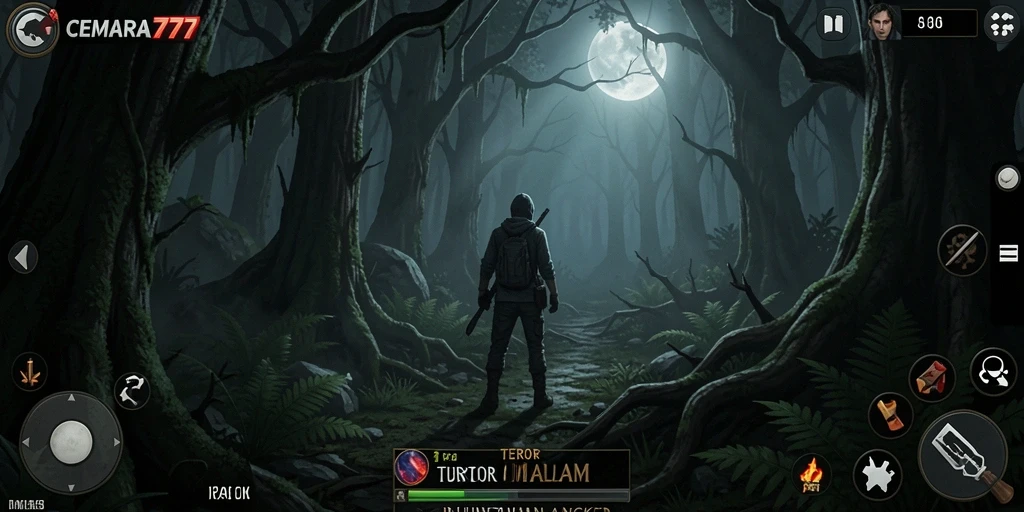Screenshot utama CEMARA777 menampilkan suasana menakutkan di hutan angker.