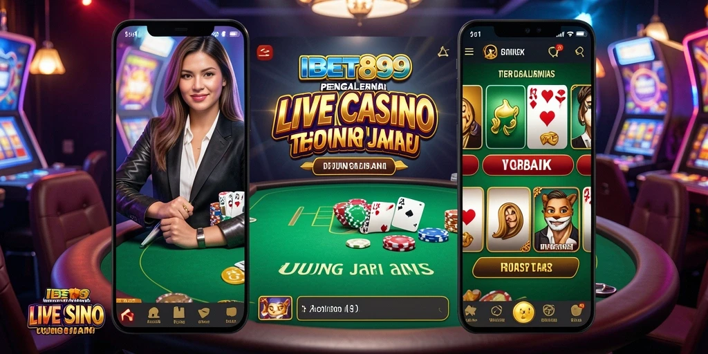 Screenshot gameplay Live Casino menampilkan dealer dan pemain berinteraksi.