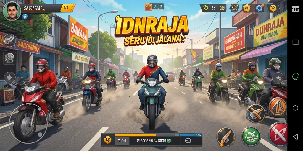 Screenshot dari gameplay balapan IDNRAJA yang menampilkan kendaraan dan trek.