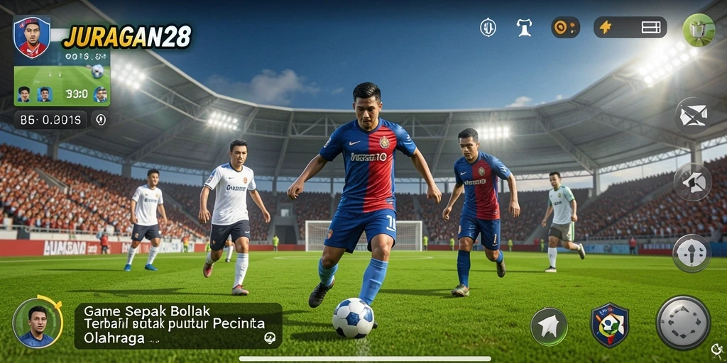 Screenshot utama JURAGAN28 menampilkan momen seru pertandingan sepak bola.