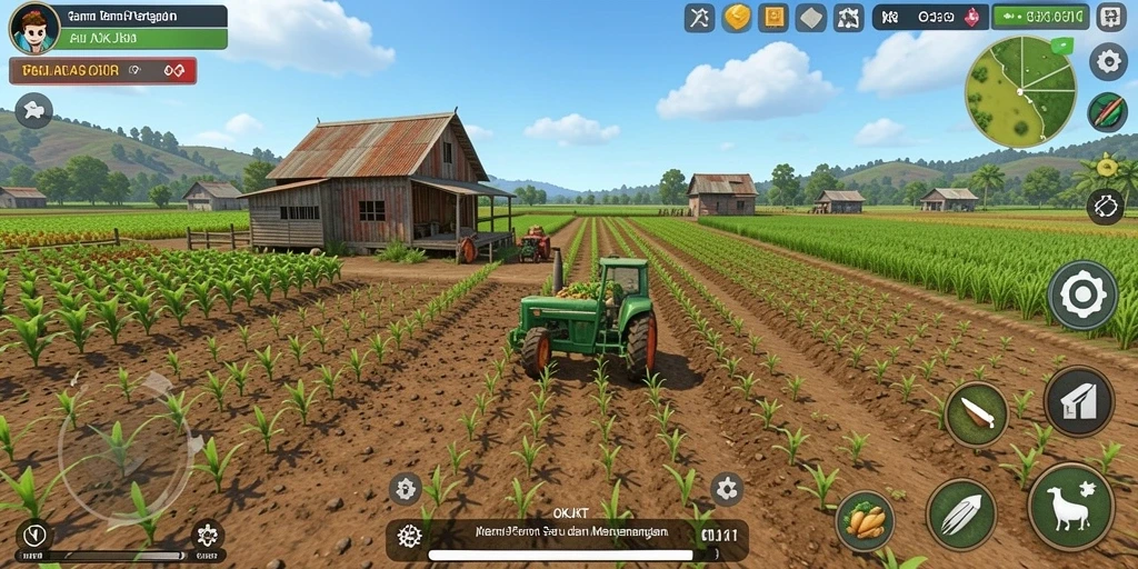 Screenshot menampilkan pengelolaan ladang pertanian yang seru di OKJKT.