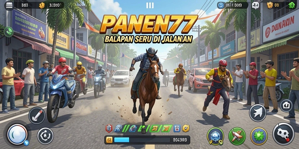 Tampilan gameplay balapan seru di PANEN77 dengan mobil-mobil cepat.