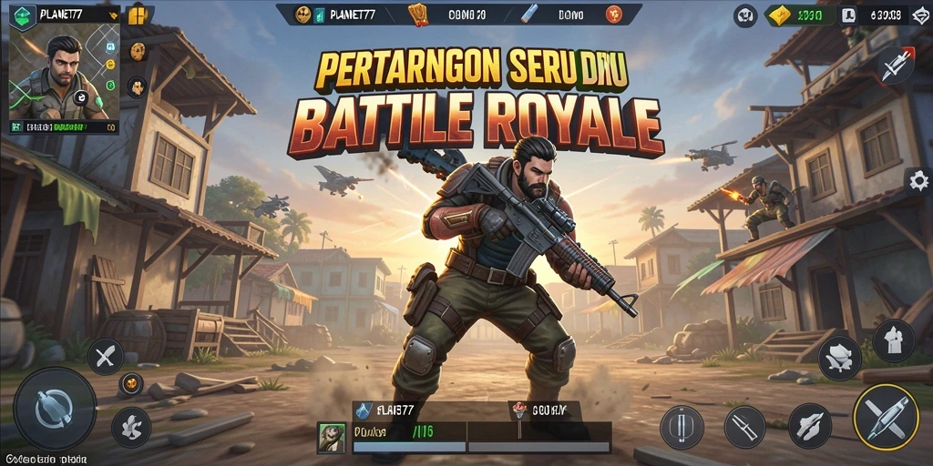 Screenshot utama PLANET77 menampilkan aksi mendebarkan di medan perang Battle Royale.