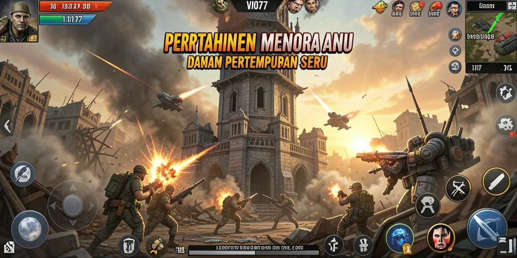 Tampilkan gameplay VIO77 dengan pertahanan menara yang strategis.